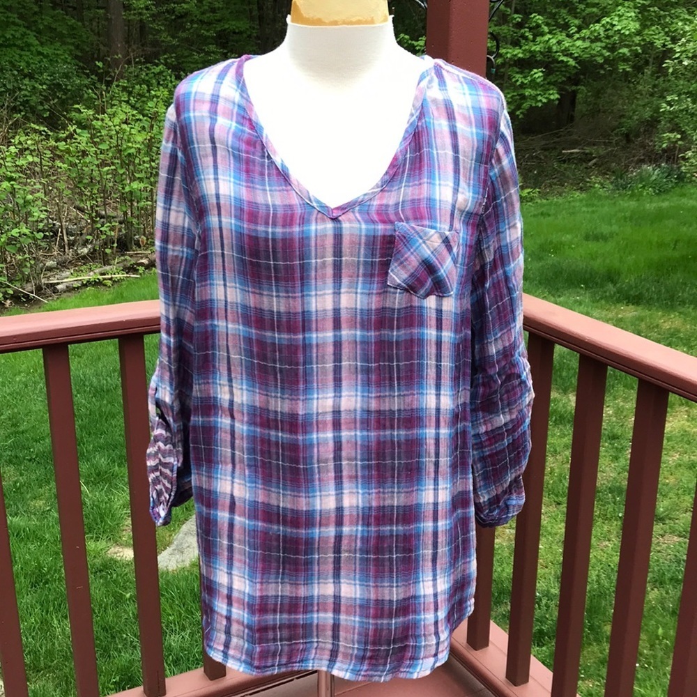 Soft surroundings XL blue multi gauzy cotton top.